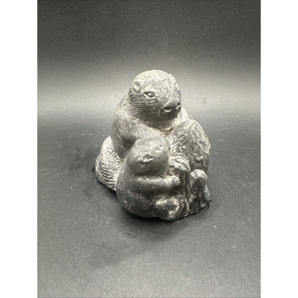 The Wolf Sculptures - Beaver & Baby Soapstone Black Figurine - Inuit Canada